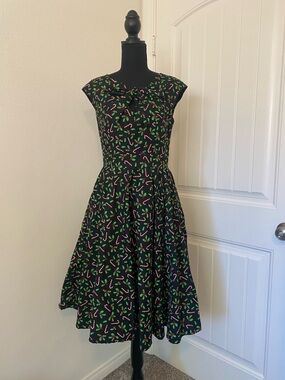 Unique Vintage Black Midi Dress with Red & Green Candy Cane Print